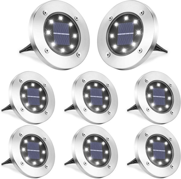 LYHOPE Solar Ground Lights Outdoor, 8 Pack 8 LED Solar Disk Lights Waterproof Garden In-ground Pathway Light Landscape Lighting for Lawn,Yard,Deck,Patio,Walkway (White)