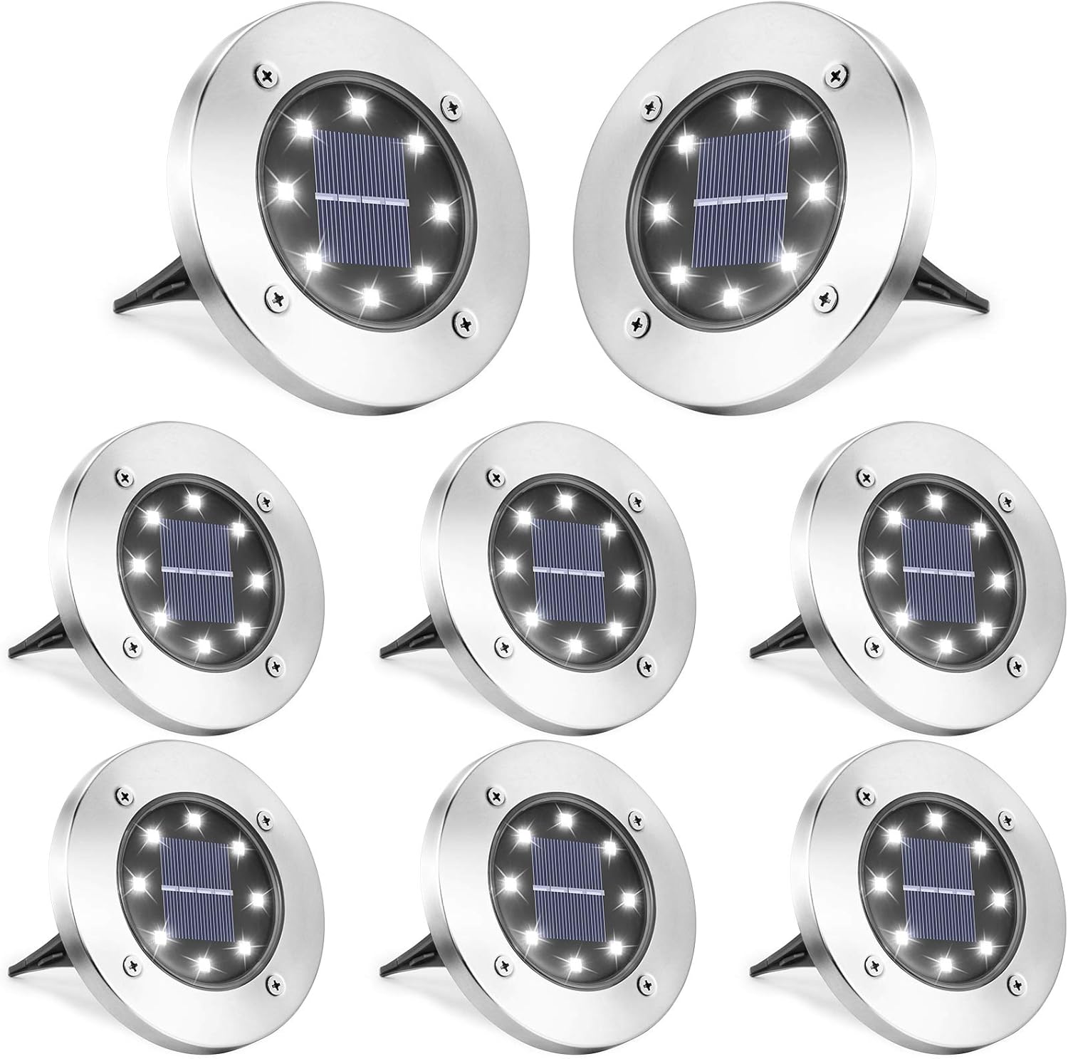 LYHOPE Solar Ground Lights Outdoor, 8 Pack 8 LED Solar Disk Lights Waterproof Garden In-ground Pathway Light Landscape Lighting for Lawn,Yard,Deck,Patio,Walkway (White)