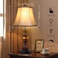 Touch Control Traditional Table Lamp Set of 2, Vintage Bedside Lamps with Dual USB Charging Ports, 3-Way Dimmable Bronze Finish Desk Lamps with Bell Shape Faux Silk Shade for Living Room, Bedroom - Image 5