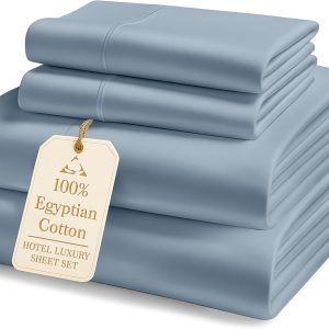 LANE LINEN Luxury Hotel Style 100% Egyptian Cotton Bed Sheets King Size – Mercerized Cotton, Silky Finish, No-Pill, Fade-Resistant, Sustainably Produced King Bedding Set – French Blue