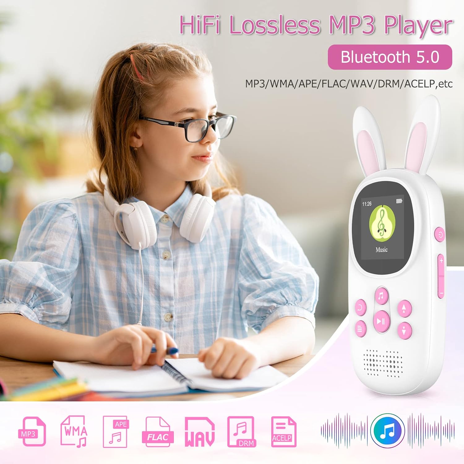 32GB MP3 Music Player for Kids, Cute Bunny Kids Music MP3 Player with Bluetooth, MP3 & MP4 Players with Speaker, MP3 Player with FM Radio, Recordings, Alarm, Pedometer, Stopwatch, Support up to 128GB - Image 2