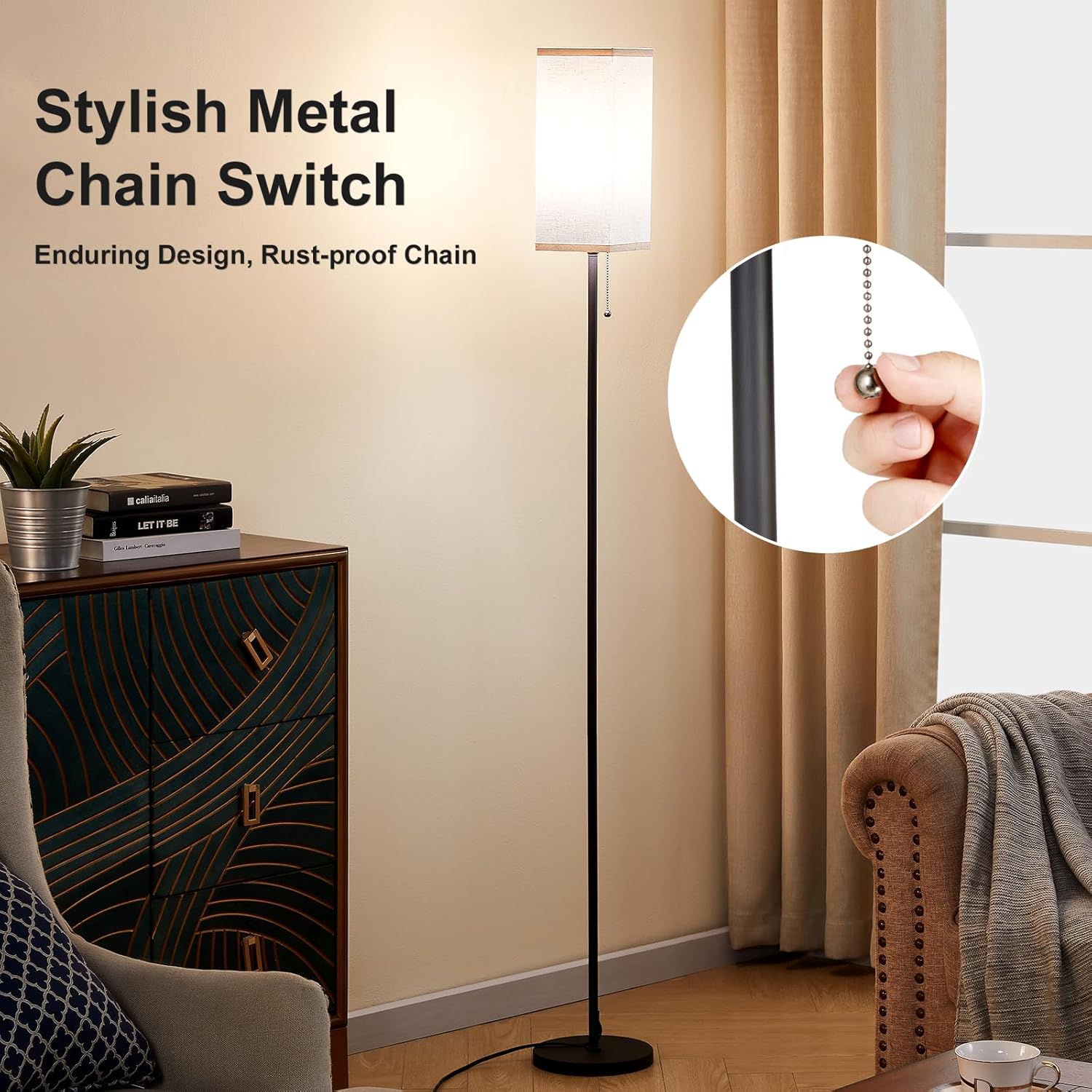 Floor Lamps for Living Room, Modern Standing Lamp with Pull Chain Switch, 3 Color Temperature Black Pole Lamp with Lampshade, 9W LED Bulb Tall Lamps for Bedroom Office Kid Room - Image 5