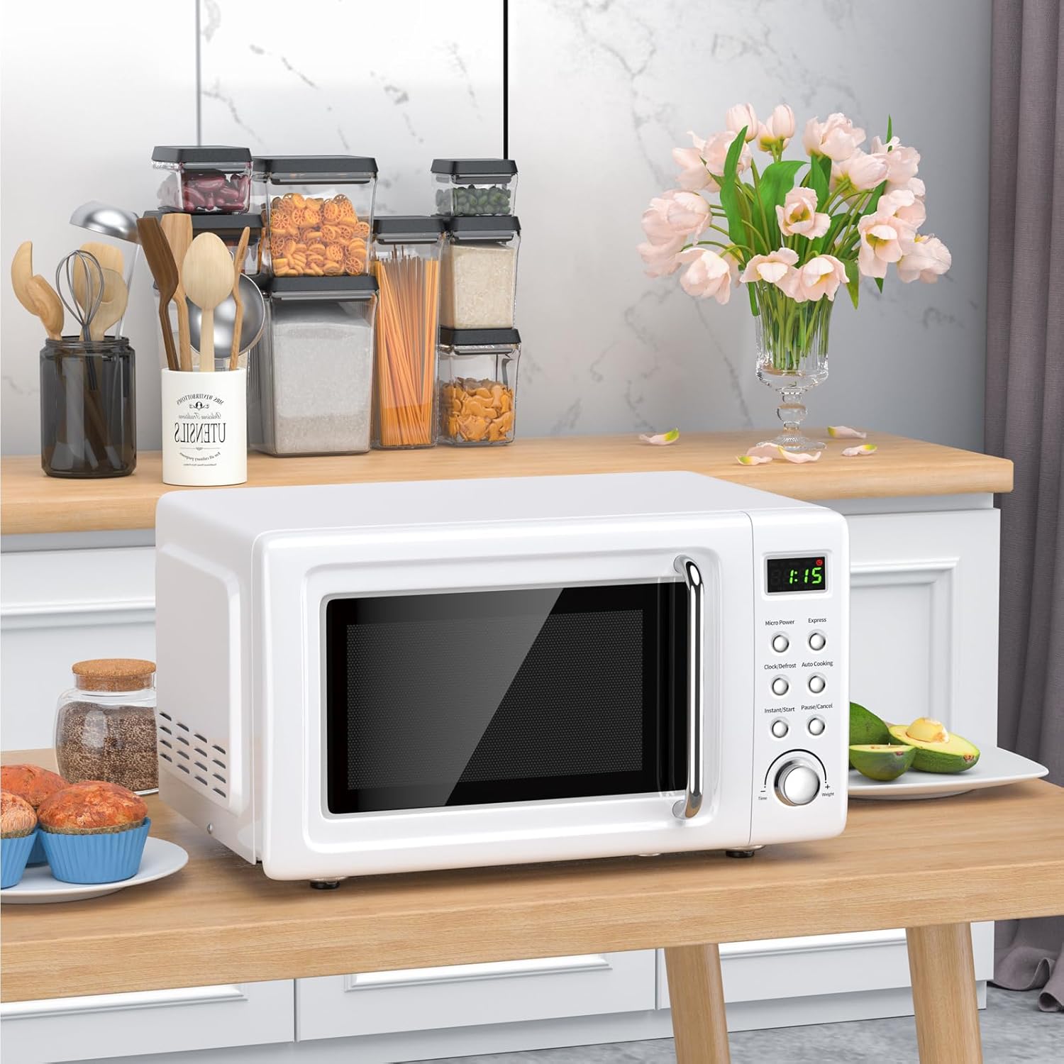 LDAILY 0.7Cu.ft Retro Small Microwave Oven, 700W Compact Countertop Microwave with 5 Power Levels, Auto Cooking Menus, Glass Turntable, Child Lock & Glass Turntable for Apartment, Dorm (White) - Image 9