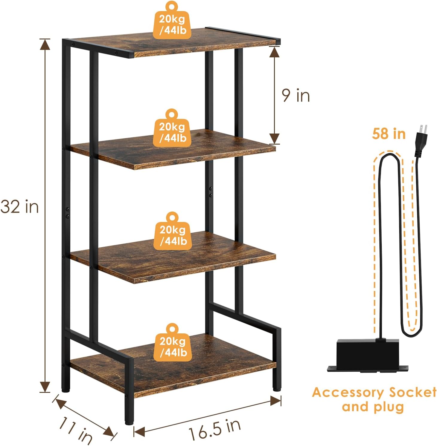 4-Tier AV Media Stand with Power Outlet and LED Lights,Wooden Stereo Stand Cabinet,Game Console Shelf for Small Space,Audio Rack Stand Tower Ideal for Video DVD Players,Xbox - Image 3