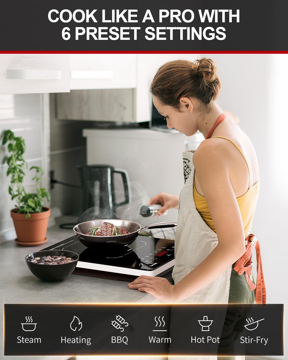 Portable Electric Stove,110V Single Burner Electric Cooktop, Countertop Burner Hot Plate with 6 Preset Functions,10 Power Levels,LED Touch Control, Child Lock &Timer - Image 3