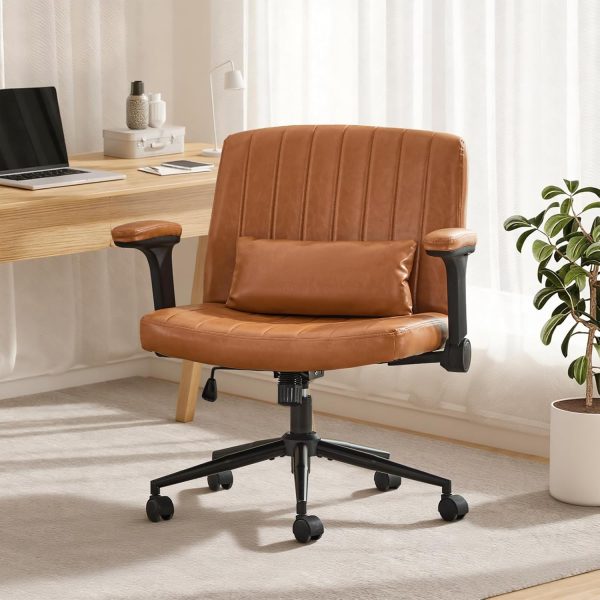 SAMERY Criss Cross Chair with Wheels Adjustable Flip-Up Arms, Wide Cross Legged Office Desk Vanity Chair Height Adjustable Swivel for Home Office Vanity Computer Task (Brown, with Armrests)