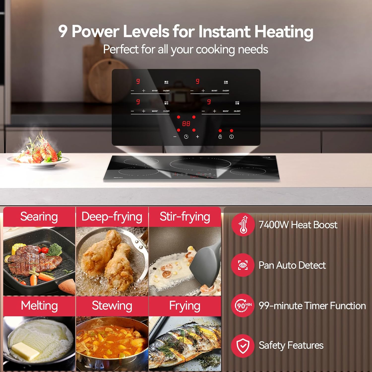 30 Inch Induction Cooktop 7400W, TECASA Built-in Induction Stovetop with 4 Boost Burner, Timer & Child Safety Lock, 9 Heating Level, Sensor Touch Control, 240V, Drop-in Electric Stove Top - Image 2