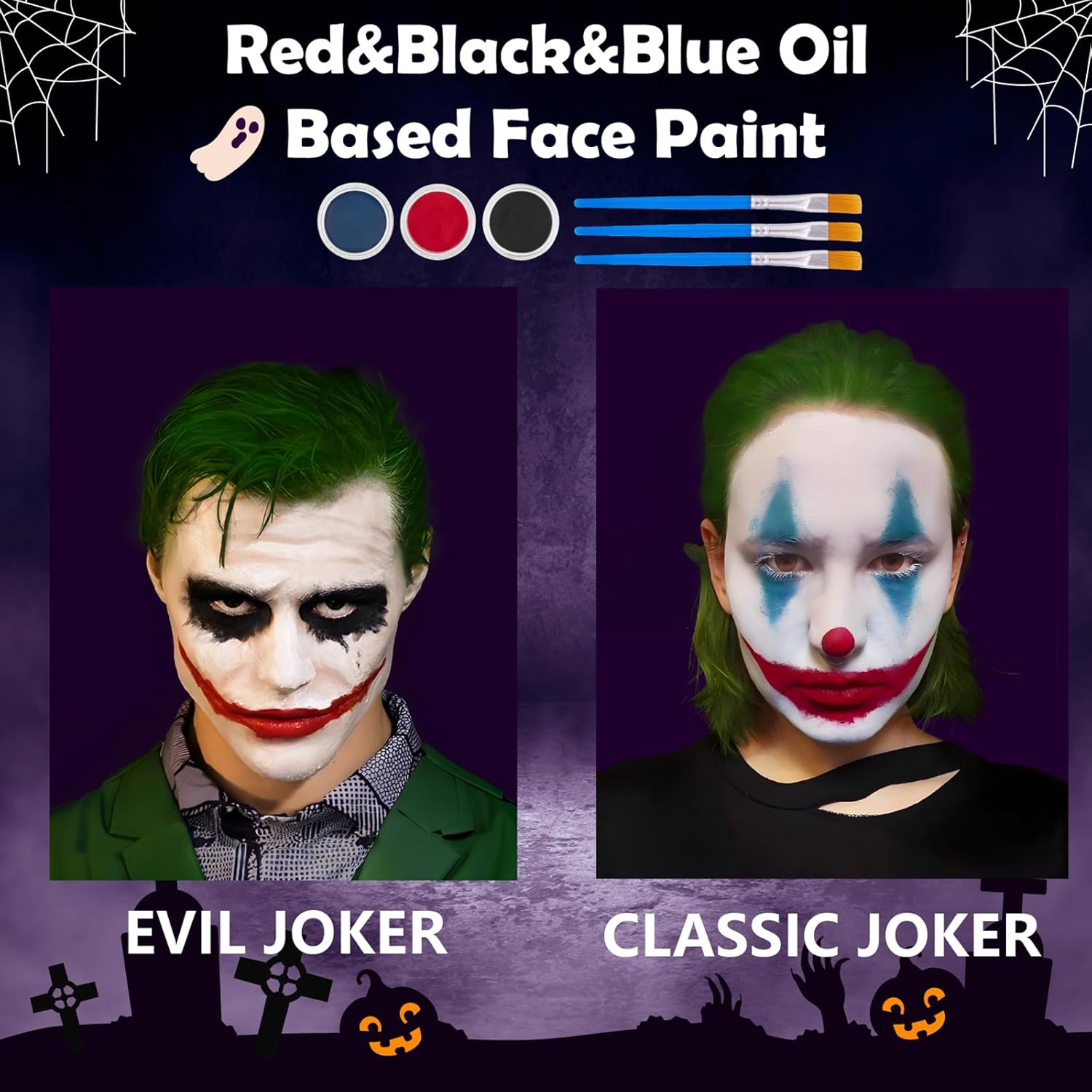 Halloween Joker Clown Makeup Kit - Joker Make Up Kit Includes White Red Black Blue Oil Based Face Body Paint and 20g Green Temporary Hair Color Wax, Powder Puff and 3 Blue Brushes, for Joker Cosplay - Image 4