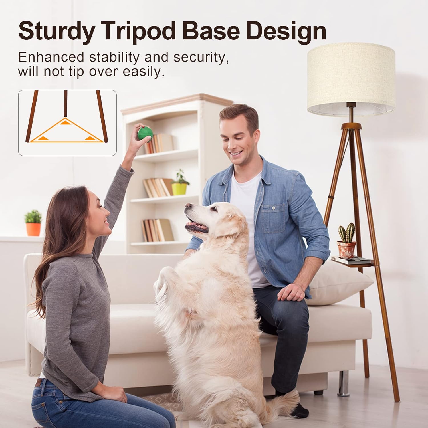 OUTON Wood Tripod Floor Lamp with Shelves, Mid Century LED Modern Dimmable Floor Lamp with Remote Control, Sturdy Tall Standing Lamp with Beige Linen Texture Shade for Living Room, Bedroom, Office - Image 6