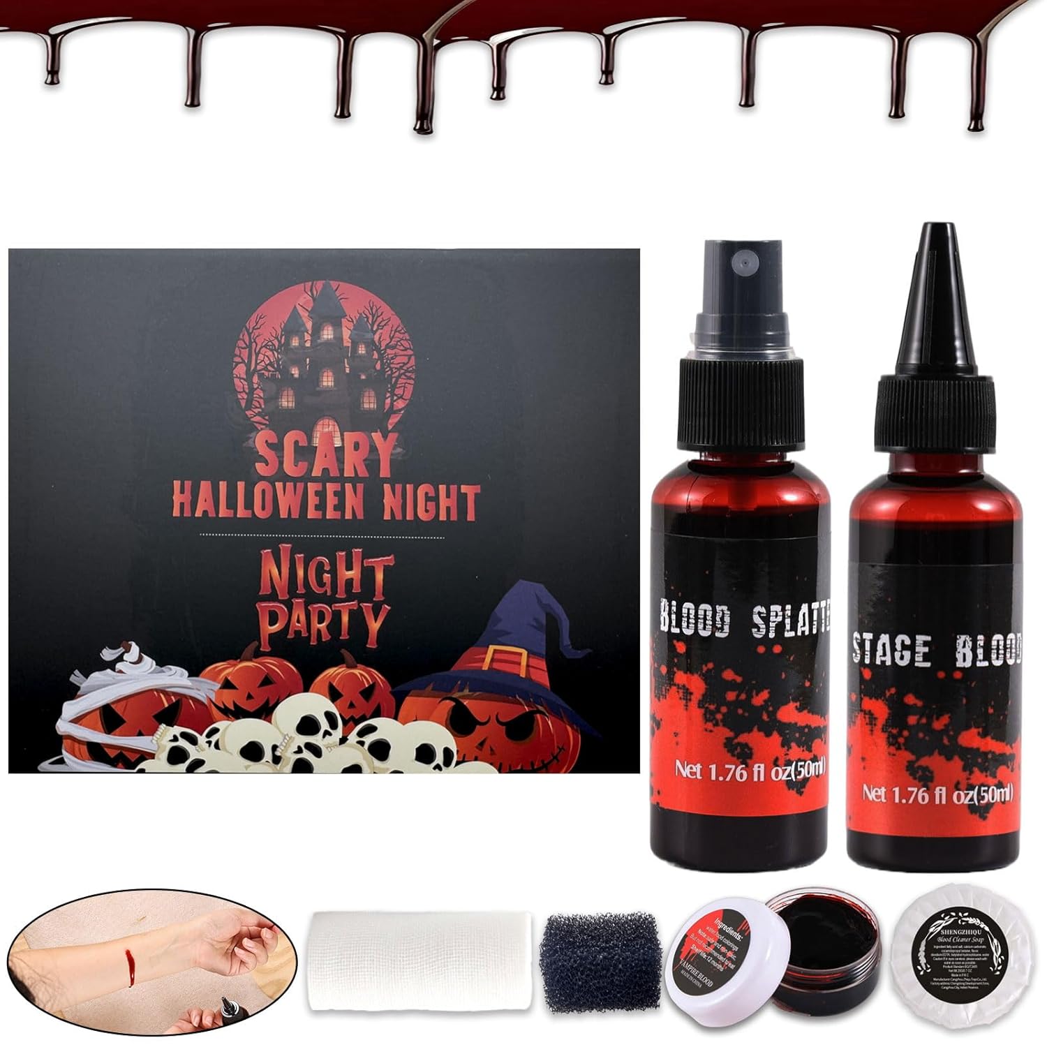 6PCS Halloween Fake Blood Makeup Kit,Washable for Scar Wound and Clothes Realistic Face Paint Wounds Costume Blood For Vampire, Zombie, Clown Cosplay Red,Stipple Sponge , Cleansing Soap and Gauze - Image 3