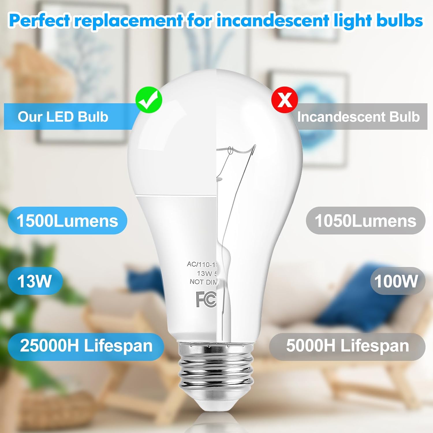 LED Light Bulbs, 100 Watt Equivalent A19, 13W 5000K Daylight White 1500 Lumens Non-Dimmable Bright E26 Edison Medium Screw Bulbs for Home Bedroom Kitchen Living Room Office Lamp, 4-Pack - Image 4