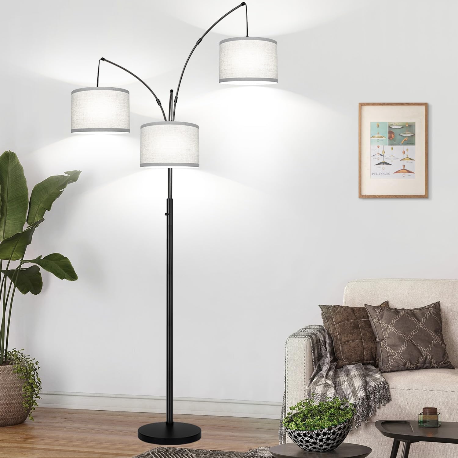 Dimmable Floor Lamp, 3 Lights Arc Floor Lamps for Living Room, Modern Tall Standing Tree Lamp with Gray Linen Shade & Heavy Base, Large Floor Lamp for Bedroom Office, 3x1000 LM LED Bulbs Included - Image 7