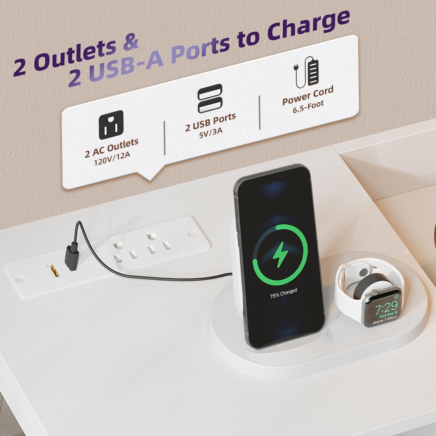 Somdot White Nightstand with Charging Station and LED Light, Wide 5 Drawers Dresser for Bedroom with Fabric Bins and Open Shelf for Bedroom Kids Closet Dorm Guest Room, White Leather - Image 4