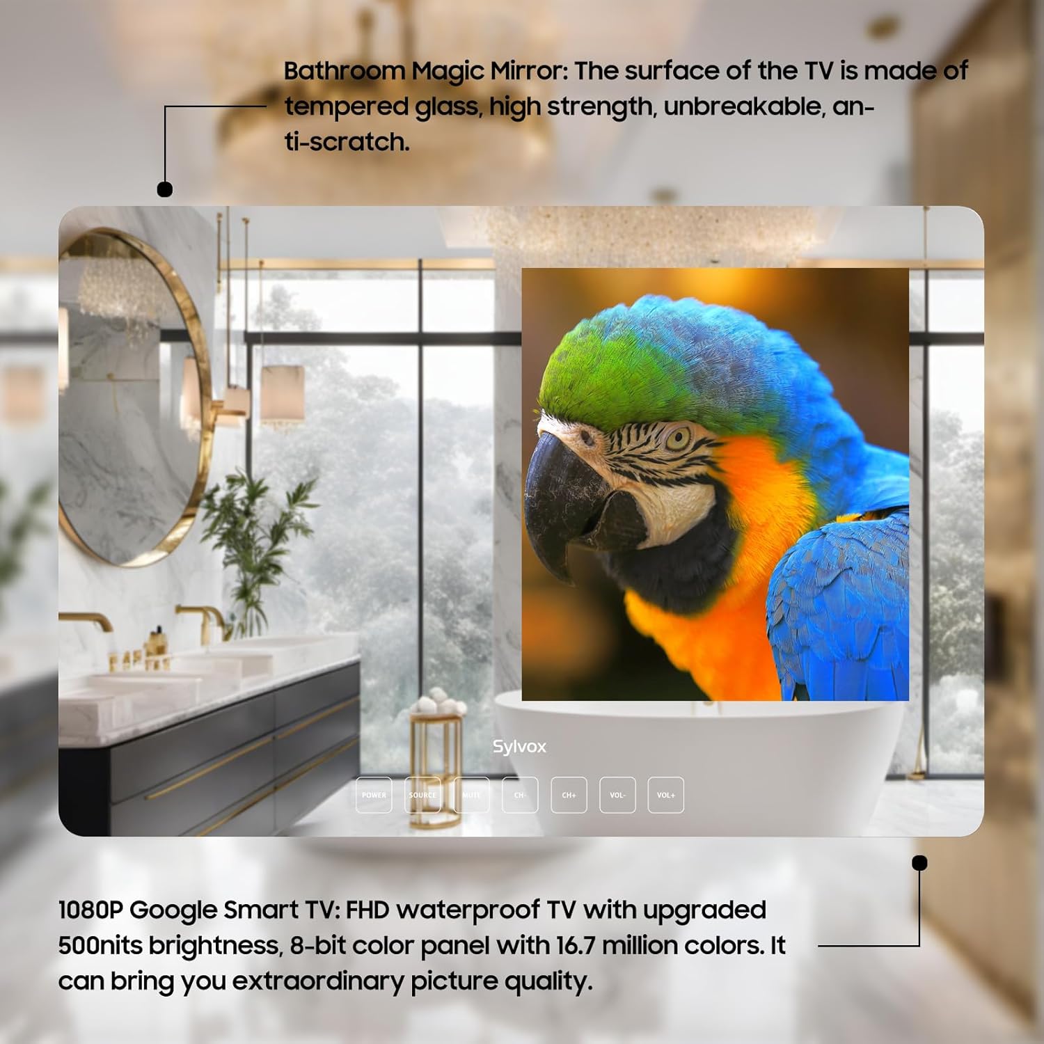 SYLVOX 24'' Smart TV Bathroom Magic Mirror Waterproof LED TV 1080P 500NITS High Brightness Dual Front Speakers Wall mounting Suitable for Bathrooms,Hotels,Saunas - Image 5