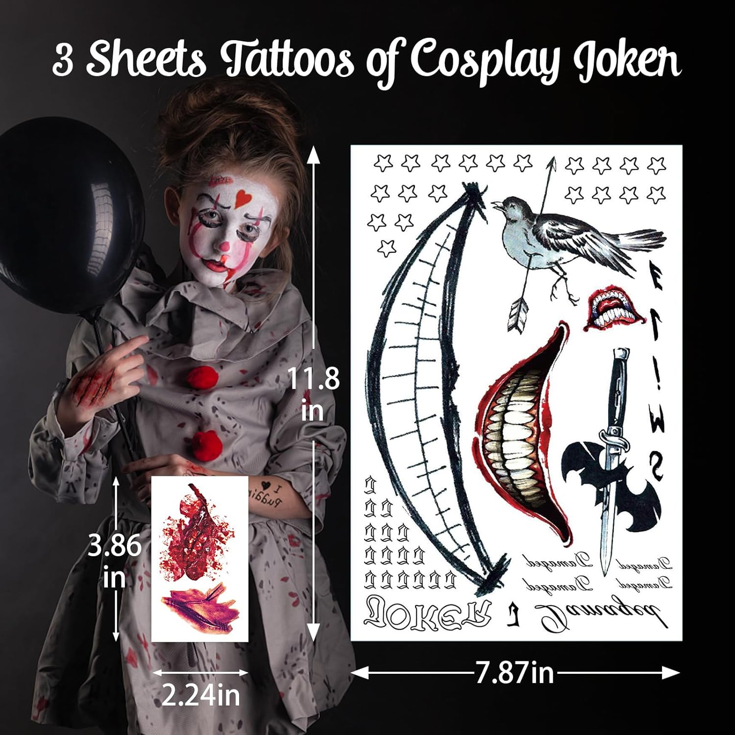 Joker Tattoos 13 Sheets,Halloween Temporary Tattoos for Men,Suicide Squad Fake Tattoo Stickers For Adults,Clown Costume Masquerade Cosplay Party Accessories Face Makeup,Large Size Waterproof - Image 4