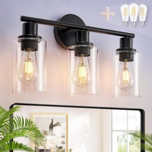DLLT 3-Light Bathroom Light Fixtures: Black Modern Vanity Lights with 3 E26 Bulbs - Clear Glass Shade Bathroom Wall Lamp for Mirror Kitchen Living Room Hallway Cabinet Porch