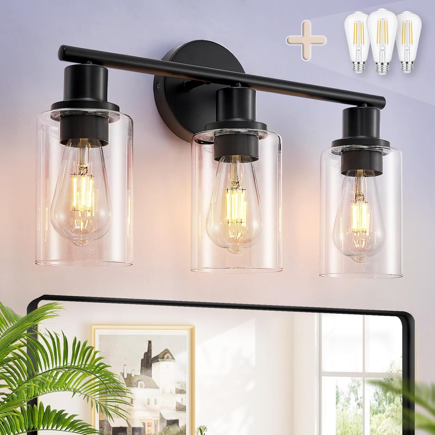 DLLT 3-Light Bathroom Light Fixtures: Black Modern Vanity Lights with 3 E26 Bulbs - Clear Glass Shade Bathroom Wall Lamp for Mirror Kitchen Living Room Hallway Cabinet Porch
