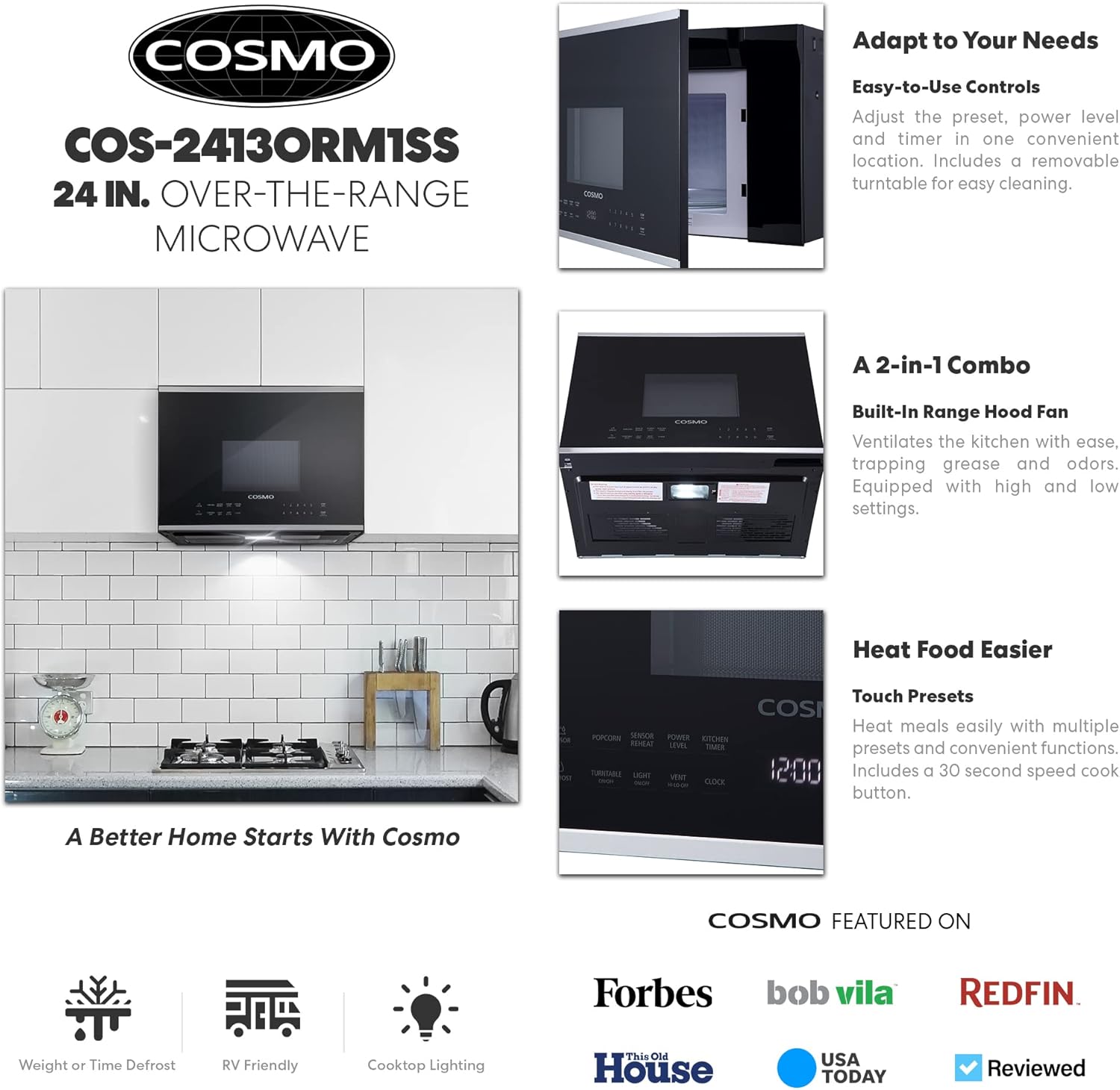 COSMO COS-2413ORM1SS 24 in. Stellar Collection 1.34 cu. ft. Over the Range Microwave in Stainless Steel with Vent Fan - Image 3