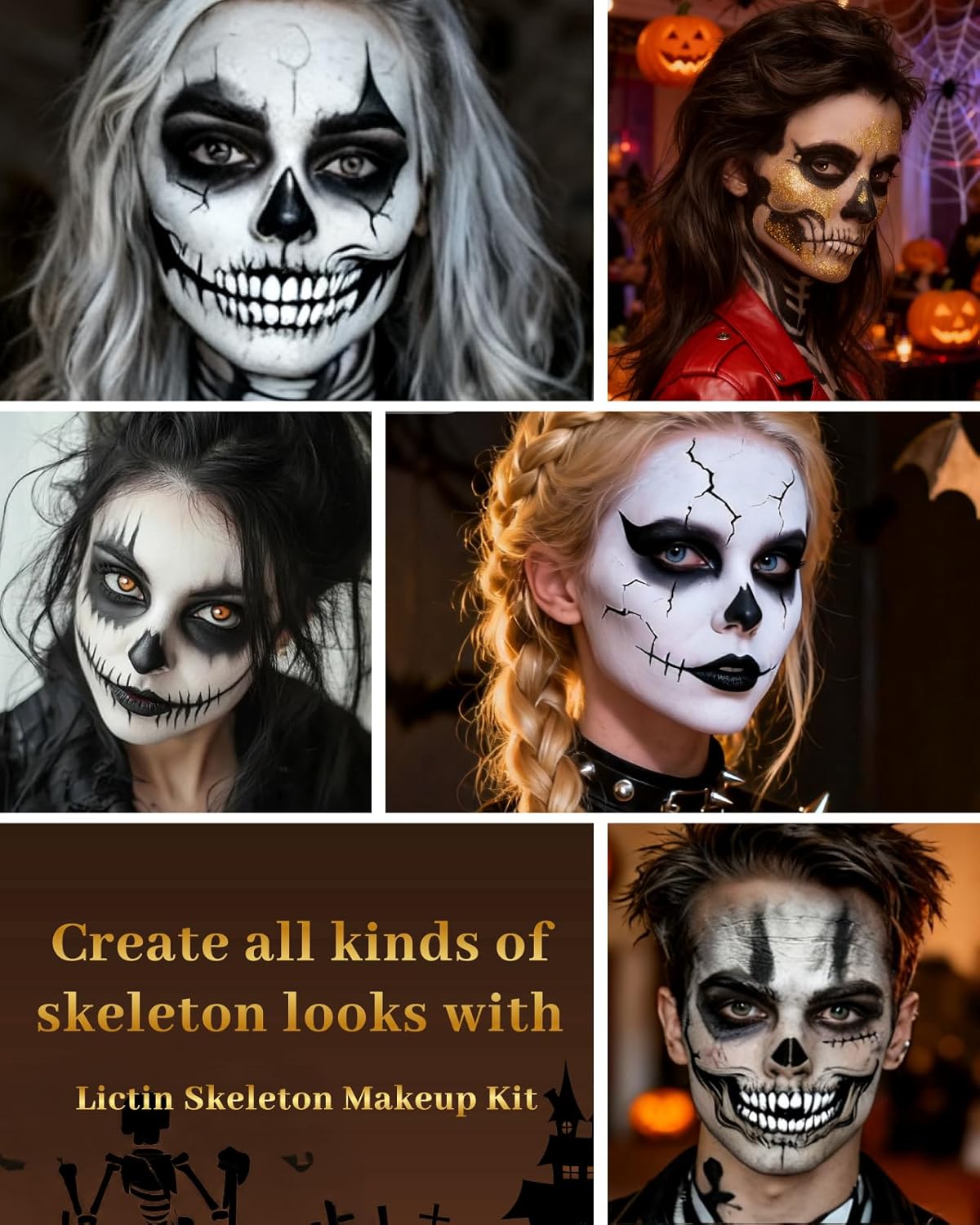 Halloween Glam Skeleton Makeup Kit - Lictin Complete Skeleton/Skull Face Paint with Gold Glitter Gel, Professional Skull SFX Make Up Kit for Halloween, Costume, Cosplay, Carnivals for Adults & Kids - Image 3