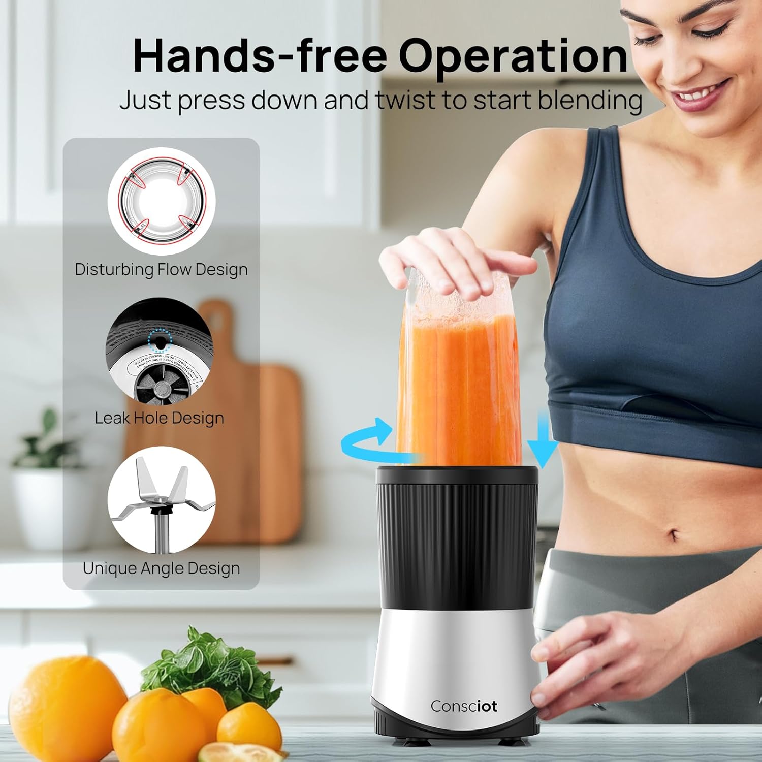 Consciot CB08 11-Piece Blender for Kitchen and Personal Size, Blend Shakes and Smoothies, Frozen Drinks, Baby Food, Spreads & More, 3 Portable To-Go Cups & 2 Spout Lids & 1 Solid Lid, 900 Peak Watts - Image 3