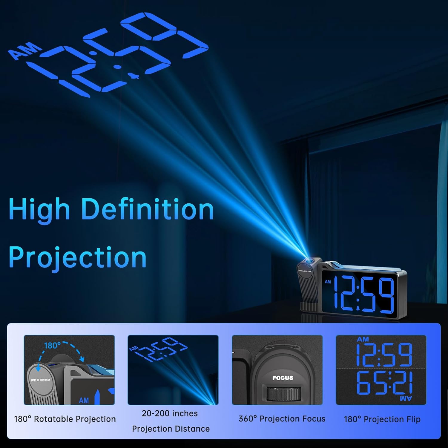 Peakeep Projection Alarm Clock for Bedroom Ceiling 180° Rotatable, Loud for Heavy Sleepers, Colorful Nightlight, 5 Brightness Dimmable Large Number Bedside Electric LED Digital Clock with USB Port - Image 2