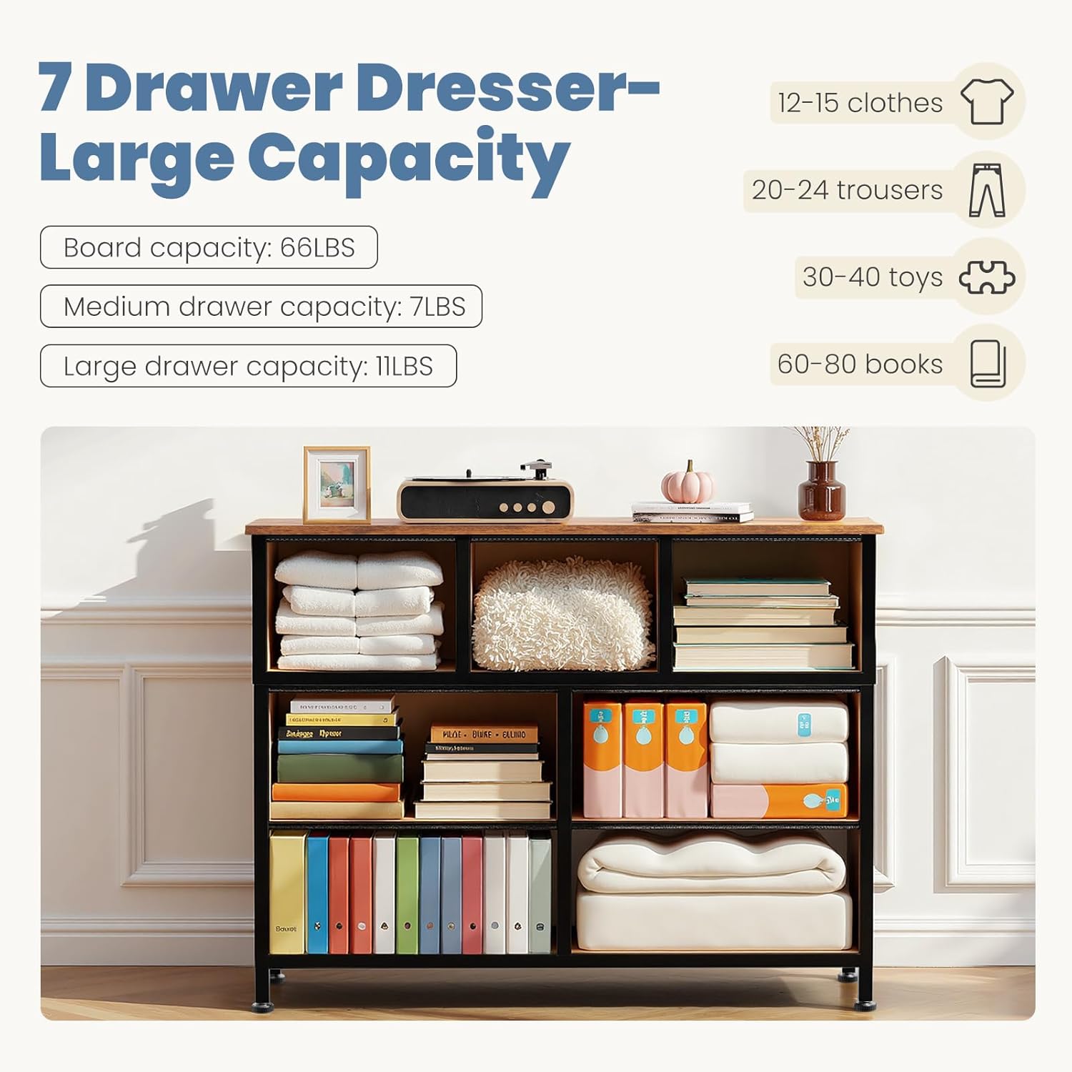 DUMOS Dresser for Bedroom with 7 Drawers, Storage Organizer Units Furniture, Chest Tower TV Stand with Fabric Bins, Metal Frame, Wooden Top for Nursery, Living Room, Bedroom, Closet, Brown - Image 4