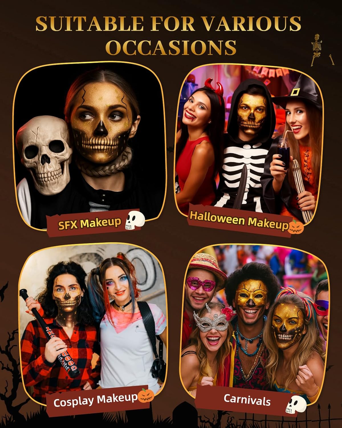 Halloween Glam Skeleton Makeup Kit - Lictin Complete Skeleton/Skull Face Paint with Gold Glitter Gel, Professional Skull SFX Make Up Kit for Halloween, Costume, Cosplay, Carnivals for Adults & Kids - Image 8