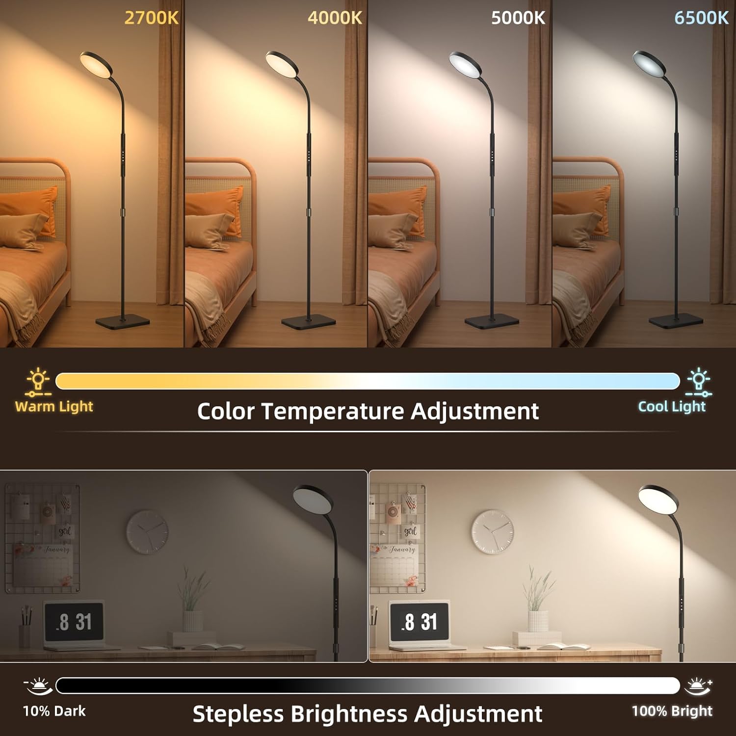 Floor Lamp, Adjustable Height Floor Lamps for Living Room Bedroom, 120 LED Super Bright Standing Lamp Remote & Touch Control Dimmable Gooseneck Tall Stand Reading Lamp for Office Craft, Black - Image 3