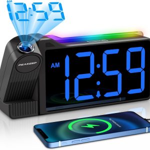 Peakeep Projection Alarm Clock for Bedroom Ceiling 180° Rotatable, Loud for Heavy Sleepers, Colorful Nightlight, 5 Brightness Dimmable Large Number Bedside Electric LED Digital Clock with USB Port