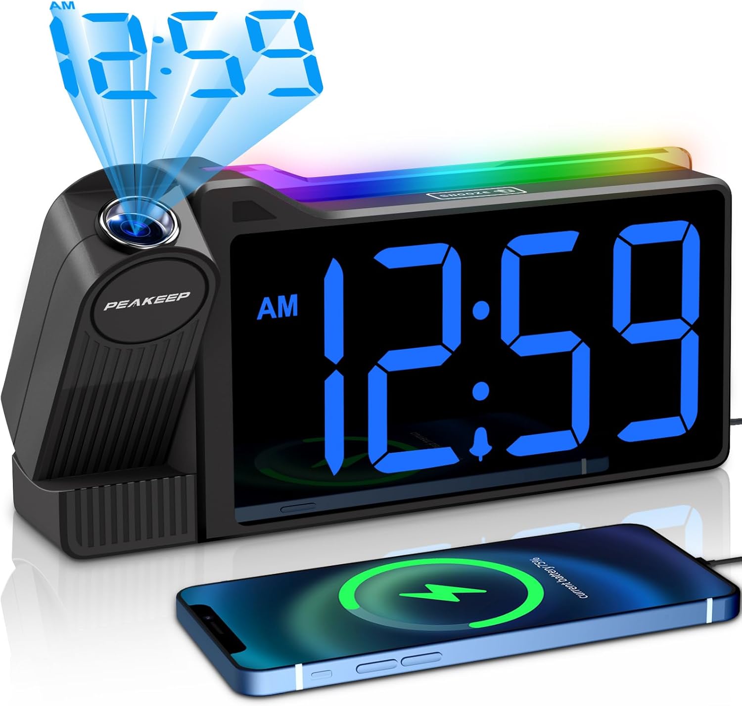 Peakeep Projection Alarm Clock for Bedroom Ceiling 180° Rotatable, Loud for Heavy Sleepers, Colorful Nightlight, 5 Brightness Dimmable Large Number Bedside Electric LED Digital Clock with USB Port