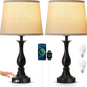 Bedside Table Lamp Touch Control Bedroom Lamps with USB-C USB-A Charging Port 3 Way Dimmable Touch Lamps for Nightstand Living Room Bedroom Dorm Home Office Reading, Set of 2
