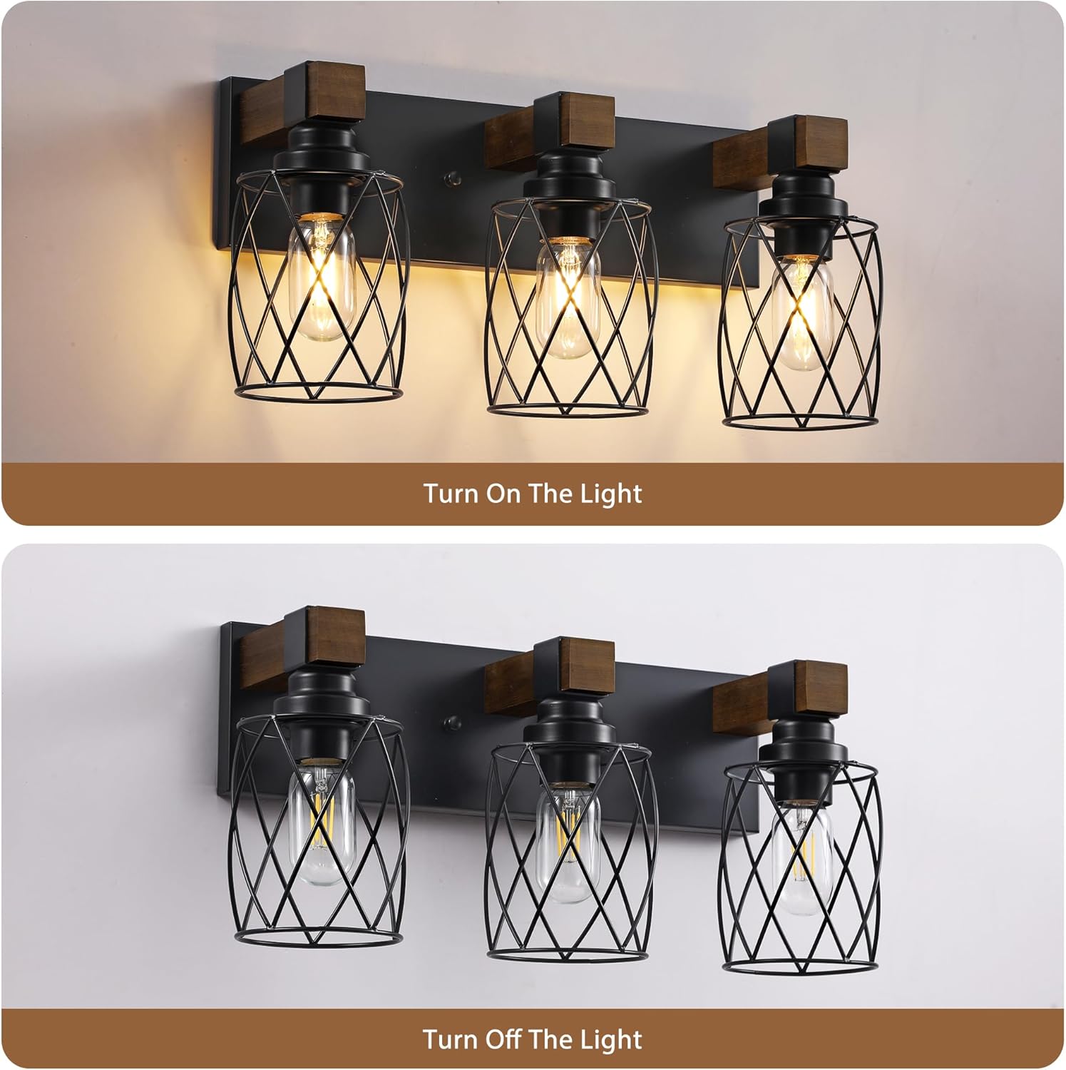 Farmhouse Bathroom Vanity Light, 3-Light Wood Bathroom Light Fixtures Over Mirror, Black Industrial Vanity Lights with Metal Shade, Rustic Bathrooms Lighting for Living Room, Bedroom, Hallway - Image 6
