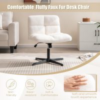 Giantex Criss Cross Chair, Faux Fur Armless Cross Legged Desk Chair No Wheels, Height Adjustable Computer Swivel Seat, Modern Wide Seat Boucle Vanity Chair for Home Office, White - Image 6