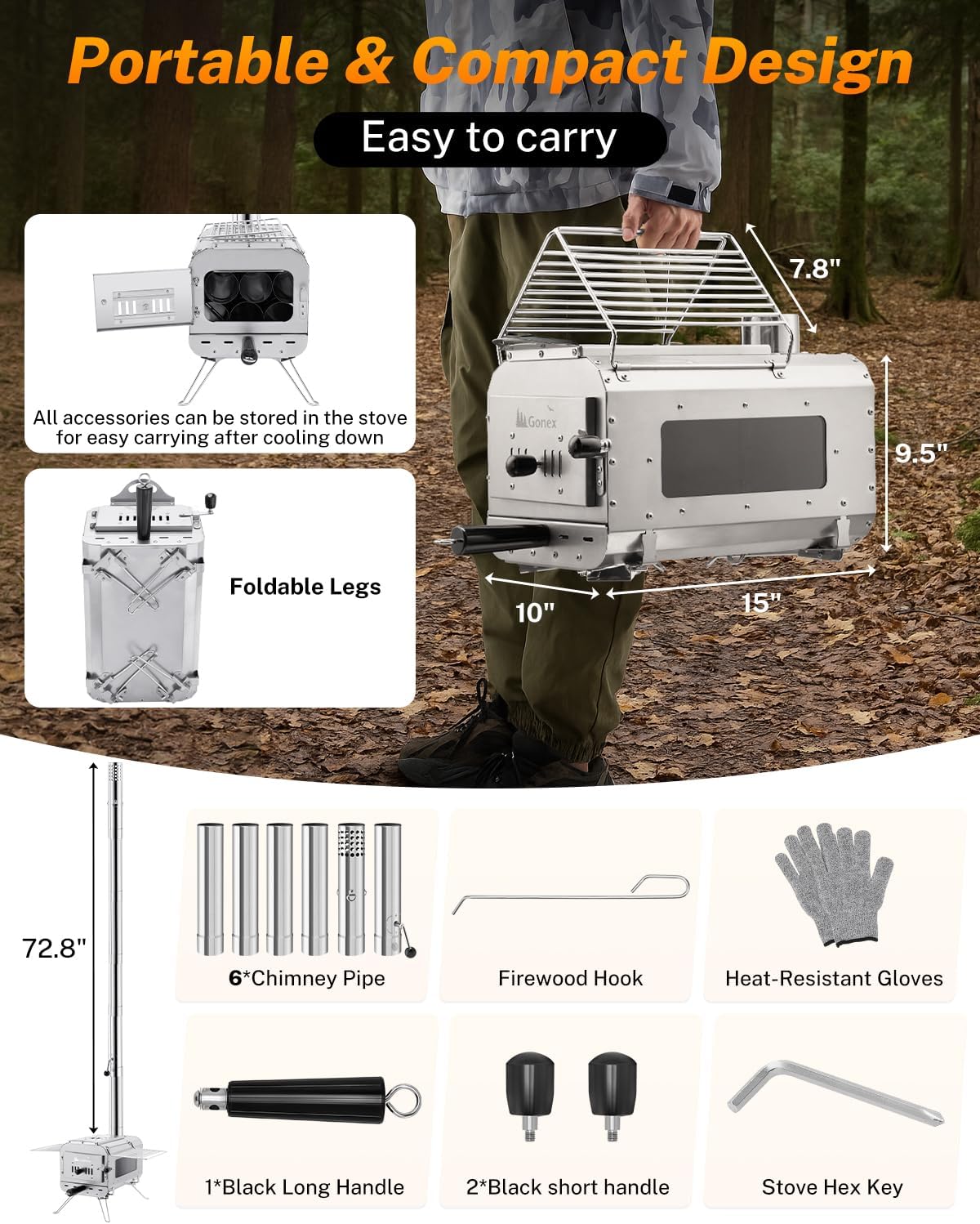 Gonex Hot Tent Stove, Portable Wood Burning Camping Stove with Ash Drawer & Large Firebox for Tent, Outdoor, Heating, Cooking, Ice Fishing - Image 7
