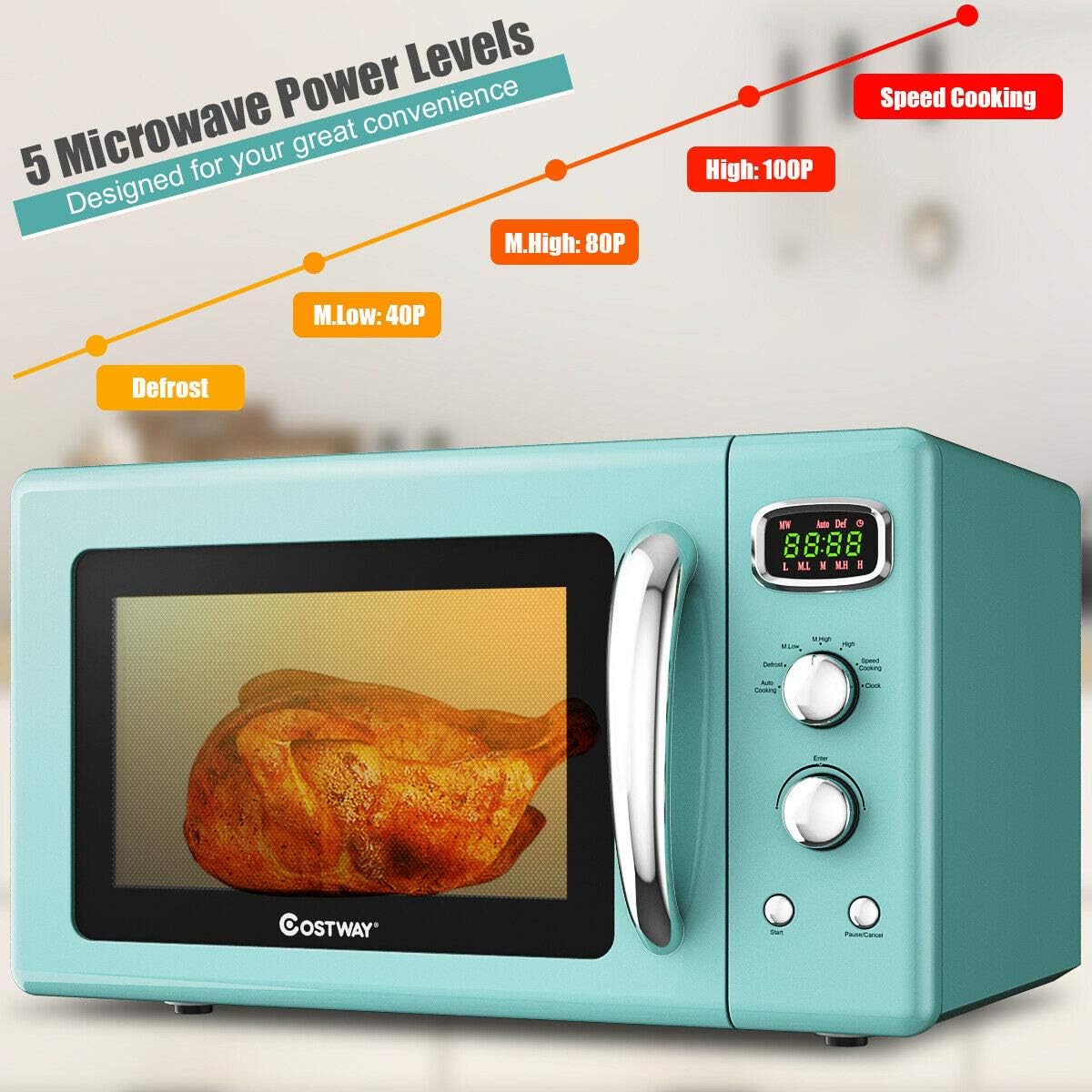 COSTWAY Retro Countertop Microwave Oven, 0.9Cu.ft, 900W Microwave Oven, with 5 Micro Power, Defrost & Auto Cooking Function, LED Display, Glass Turntable and Viewing Window, Child Lock - Image 3