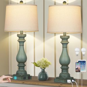 29" Tall Table Lamp for Living Room Set of 2,Vintage Bedside Nightstand Lamps with USB C+A Ports & AC Outlet,3-Way Dimmable Touch Control Retro Green Desk Lamp for Bedroom,Color 4