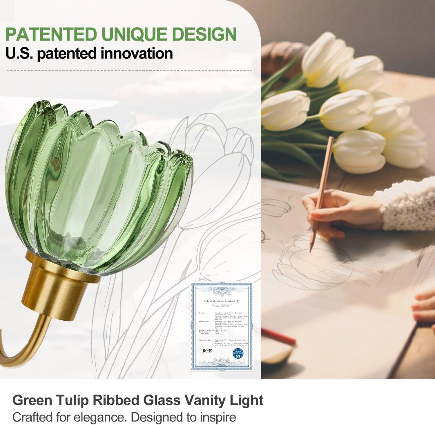 Bathroom Light Fixtures (3-Light, 20 in), Brushed Gold Vanity Lights for Bathroom with Ribbed Green Tulip Glass Shade, Vintage Vanity Wall Lights for Mirror Bedroom Living Room Hallway - Image 6