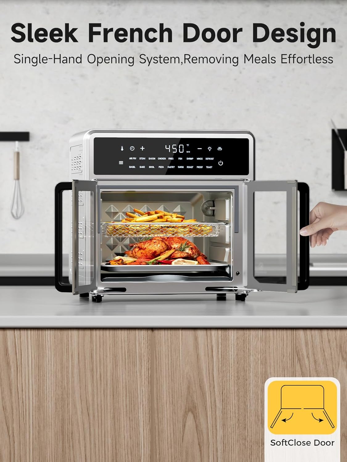 Kitchen Elite Air Fryer French Door Oven,15.8 Qt Toaster Oven Countertop Combo,18 Presets & 1 Preheat & Light, Airfryer Basket,Wire Rack,Baking Pan,Crumb Tray,Compact Design,Stainless Steel,Small - Image 2