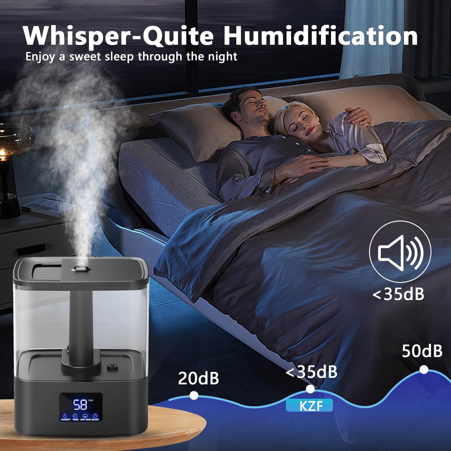 KZF 4L Top Fill Humidifiers for Bedroom & 60H Runtime - Cool Mist Humidifier, 3 Mist Levels, 8H Timer, Essential Oil Tray, Humidity Display, Quiet for Bedroom, Baby, Plants, Large Room - Image 3
