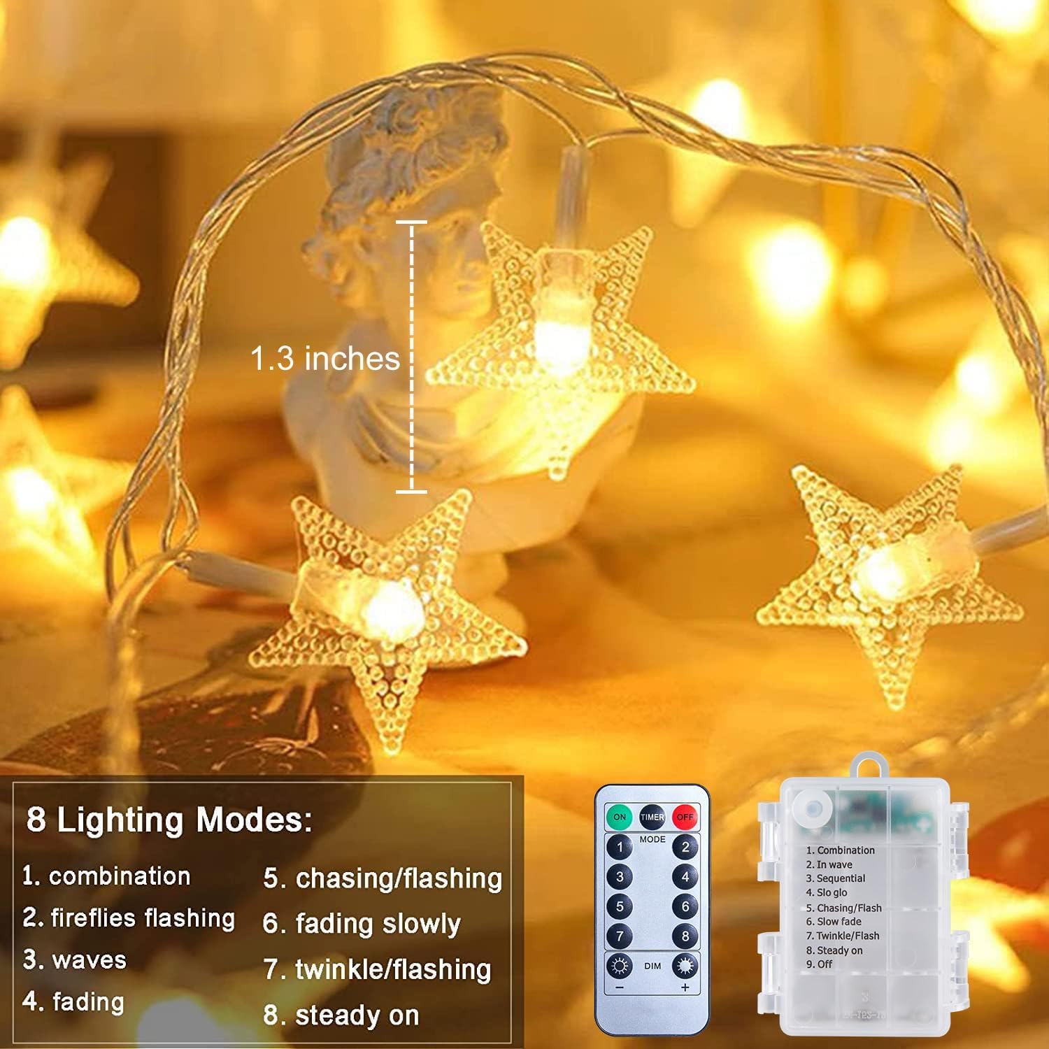 Brightown Star String Lights Battery Operated - 17 ft 50 LED Star Fairy String Lights with Remote and Timer, 8 Modes Waterproof for Bedroom Tent Loft Bed Patio Party Wedding Decor, Warm White - Image 3