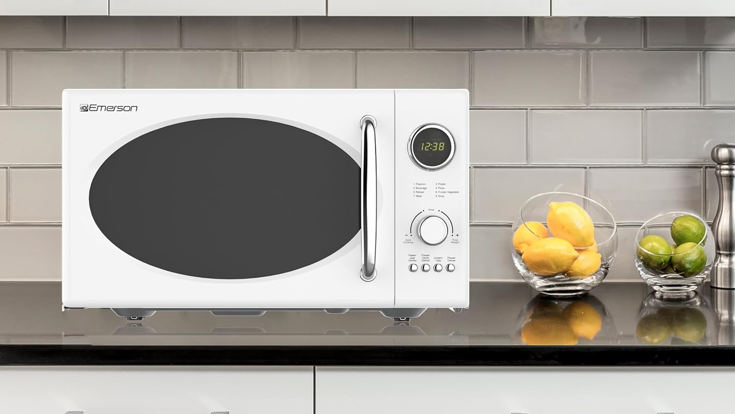 Emerson MWRG0901W 0.9 Cu. Ft. Retro Microwave with 1,000W Grill Function, 800W Cooking Power, LED Display, 5 Power Levels, 8 Auto Menus, Glass Turntable, Child Lock, White Countertop Design - Image 9