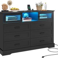 Hasuit 6 Drawer Dresser with LED Lights and Charging Station, Farmhouse Chest of Drawers Closet Organizer, Clothes Storage Cabinet Double Dressers for Bedroom, Living Room, Hallway, Black - Image 8