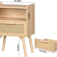 Lerliuo Rattan Nightstand, Boho Side Table with Drawer Open Shelf, Cane Accent Bedside End Table with Solid Wood Legs for Bedroom, Dorm and Small Spaces (Natural) - Image 3