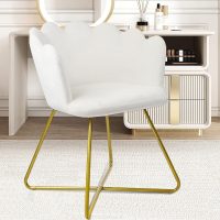 CLATINA Modern Velvet Make Up Vanity Chair, Flower Shaped Back Accent Chair Armchair with Gold Metal Legs, Cute Girl Criss Cross Chair No Wheels for Home Office Bedroom Dressing Living Room, White - Image 3