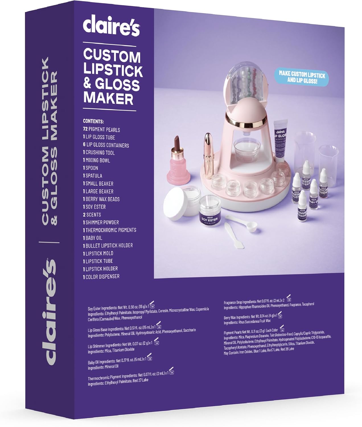 Claire's DIY Lipstick & Lip Gloss Making Kit – 97-Piece Makeup Craft Kit| Kids Arts & Crafts Activity Set| Handmade Moisterizing Lip Glaze| Beauty & Cosmetic Products| Girls Science Toy Gift| Ages 8+ - Image 3