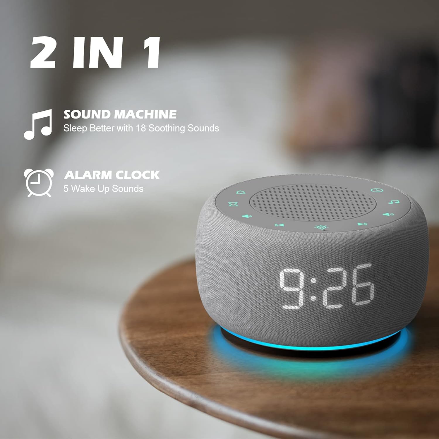 Buffbee Sound Machine & Alarm Clock 2-in-1, 18 Soothing Sound, 7 Night Light, Sleep Timer, Precise 30-Level Volume Control White Noise Machine - Image 2