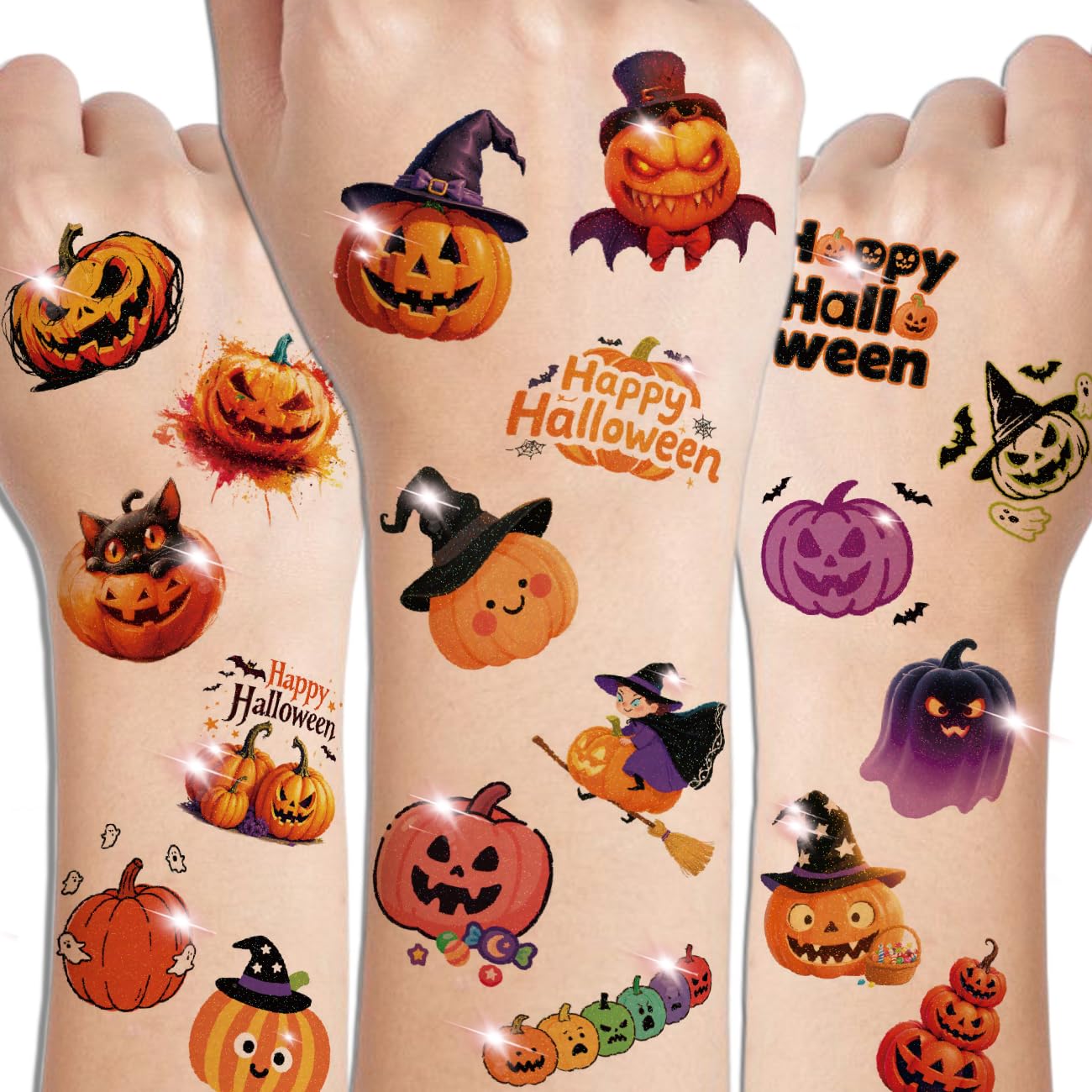 Glitter Halloween Pumpkin Temporary Tattoos for Kids - 74 Individually Sheets Pumpkin Tattoo Stickers for Kids Halloween Party Favors Treats Goodie Bag Fillers - Image 3
