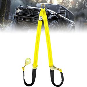 Axle V-Bridle Strap, 2" x 6' With 4700LBS Capacity, Tie Down With Snap Hooks, Cordura Sleeve, D Ring Middle - ATV Car Truck Recovery Tow Trailer