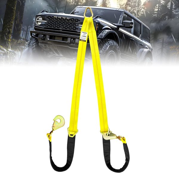 Axle V-Bridle Strap, 2" x 6' With 4700LBS Capacity, Tie Down With Snap Hooks, Cordura Sleeve, D Ring Middle - ATV Car Truck Recovery Tow Trailer