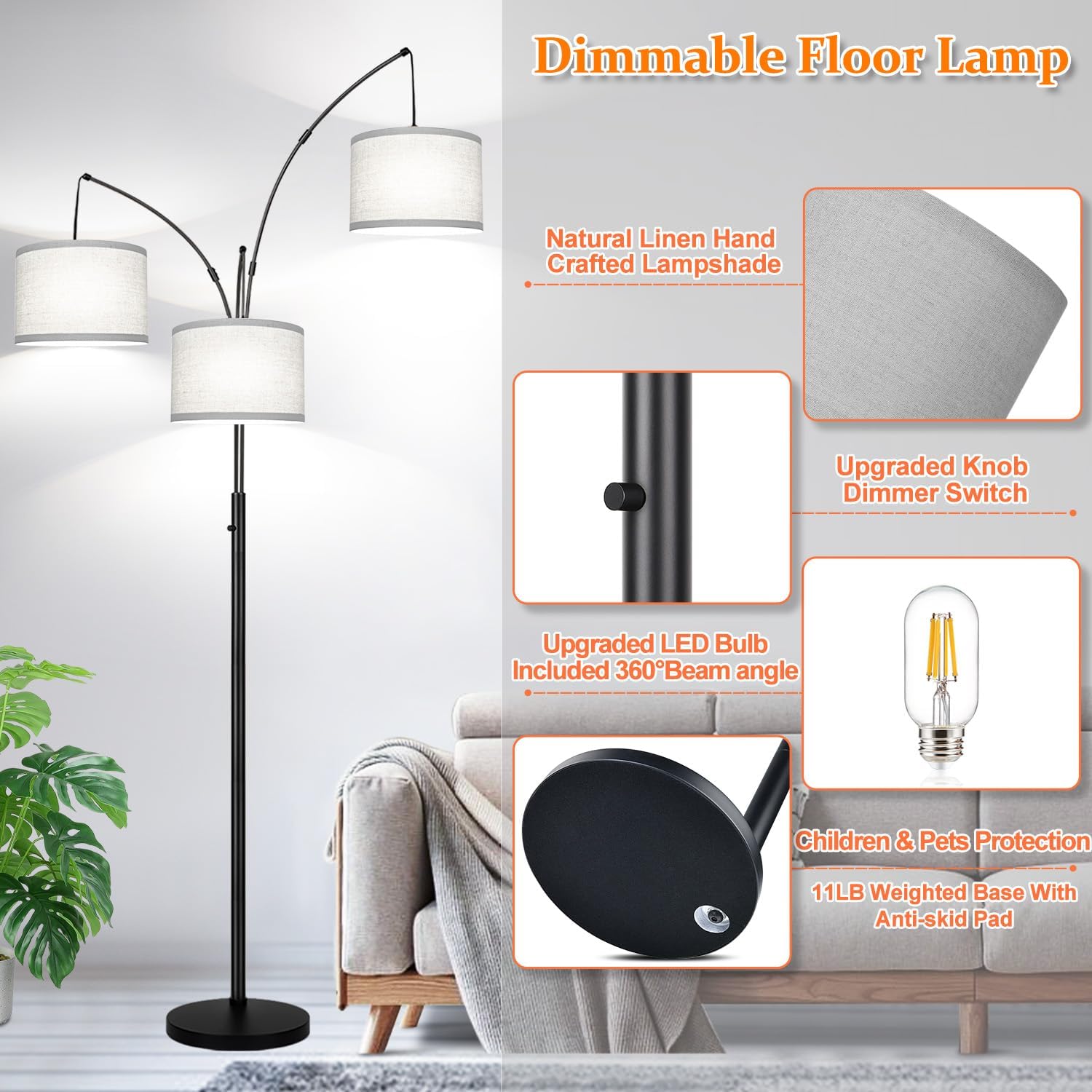 Dimmable Floor Lamp, 3 Lights Arc Floor Lamps for Living Room, Modern Tall Standing Tree Lamp with Gray Linen Shade & Heavy Base, Large Floor Lamp for Bedroom Office, 3x1000 LM LED Bulbs Included - Image 4
